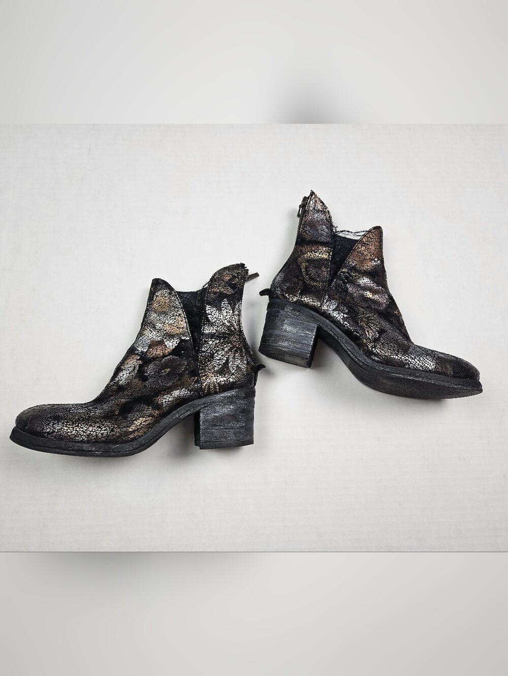 Papucei Metallic Cracked Flower Heeled Lace Panel Round Toe Boots